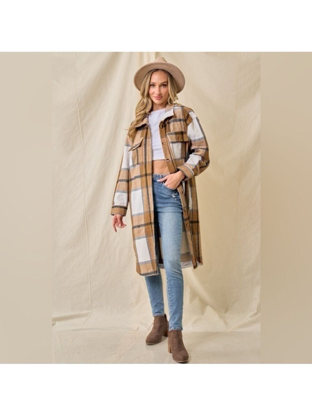 New! Brushed Long Tan Shacket with pockets - Picture 2 of 4